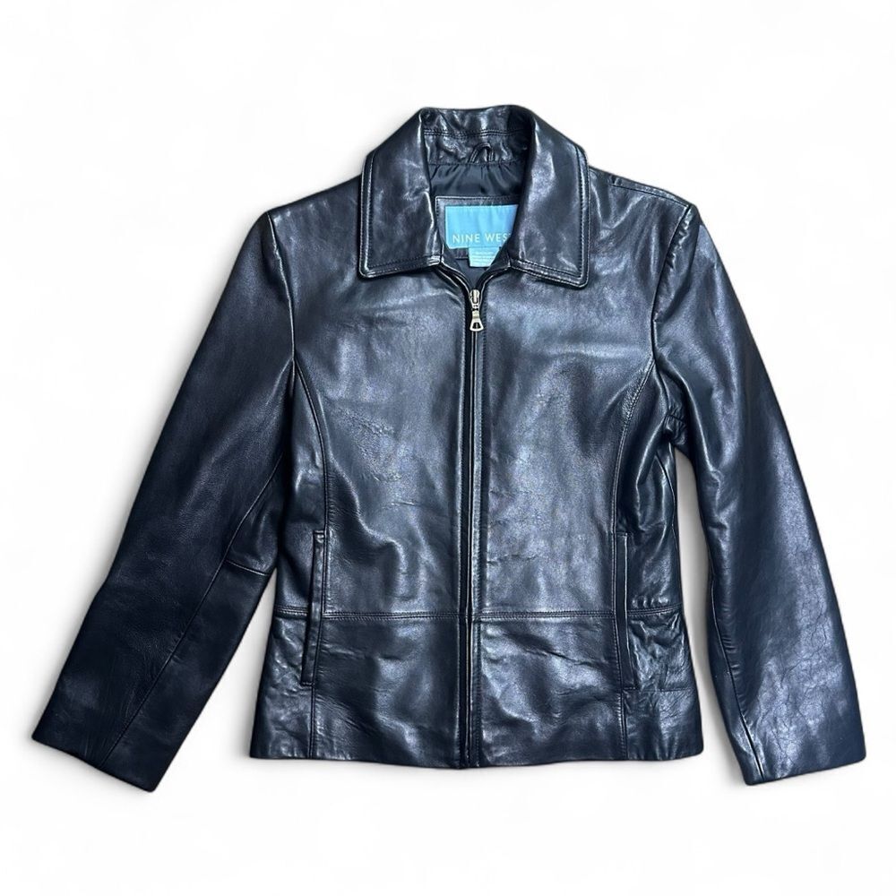 Nine West Leather Jacket Women Small Black Zip Front Minimalist Classic Moto Y2K